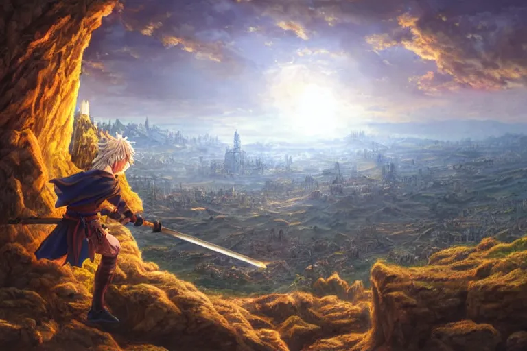 Image similar to a detailed matte landscape painting of king richard the lionhearted as a shonen anime protagonist attacking jerusalem, 8 k, volumetric lighting, in the style of disney, art by kentaro miura and akira toriyama