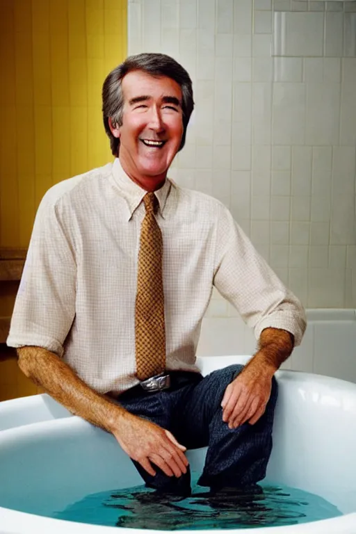 Image similar to randy mantooth laughing and sitting inside a bathtub filled with yellow water