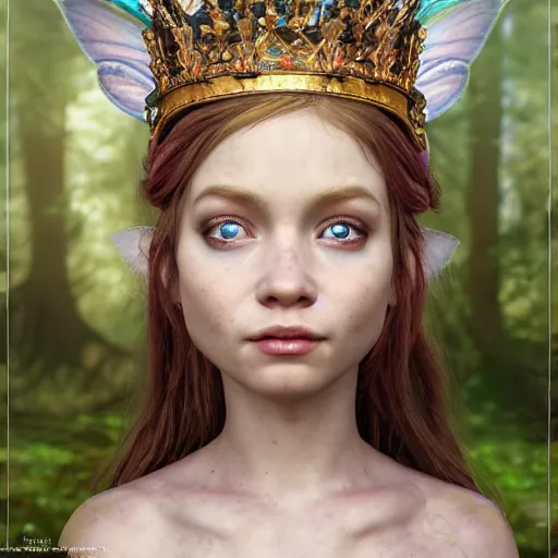 Prompt: hyperrealist cg of a fairy girl emperorit is decorated with long robes that fall like stars and wears a huge crown. fantasy art, photo realistic, dynamic lighting, artstation, poster, volumetric lighting, very detailed faces, 4 k, award winning, blender,