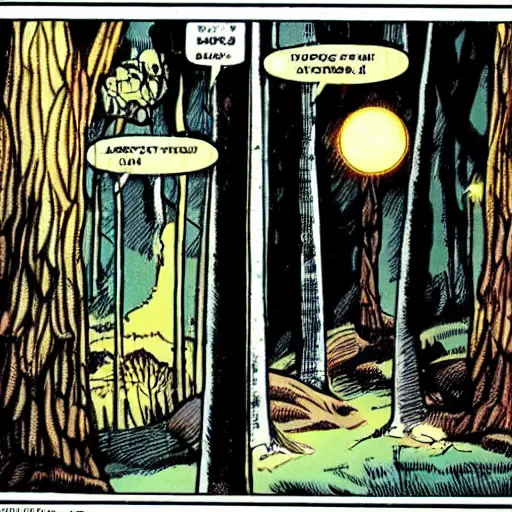 Prompt: a single illuminated lightbulb in a dark foreboding forest, 1 9 7 0 s comic book