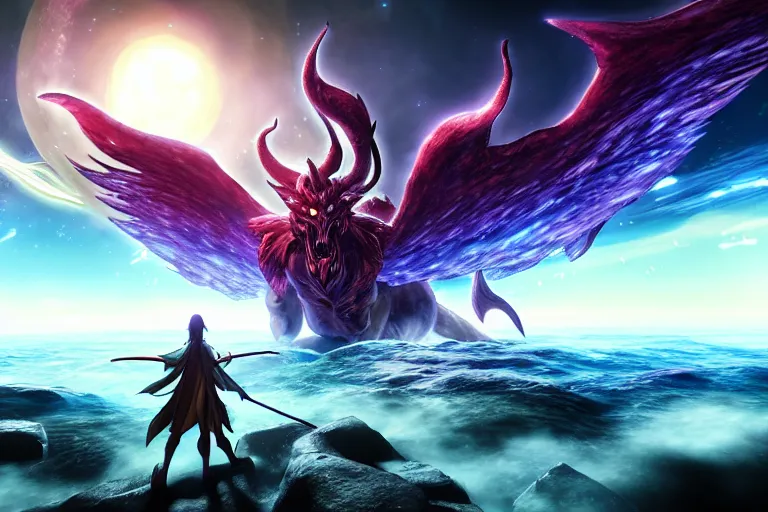 Image similar to summoner of mythical creatures fighting against the outer god. floating planets on the background, box office hit, fantasy, cosmic horror, unreal engine 5, high quality, highly detailed 8 k, art by hiroaki samura and jiro matsumoto and yao wang