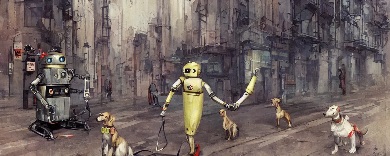 Image similar to adventurer _ _ _ _ _ _ 1 9 5 0 s _ retro _ future _ robot _ android _ and his robot dog on the city street _ muted _ colors. _ _ _ _ _ _ by _ jean _ baptiste _ monge