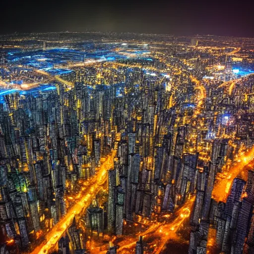 Prompt: aerial shot of the impressive dystopian cyberpunk city at night during amazing storm