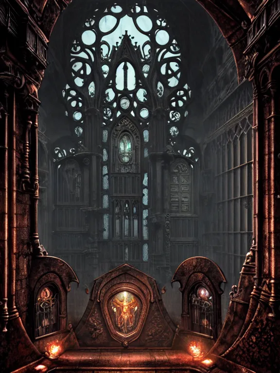 Image similar to steam necropolis, memento mori, gothic, neo - gothic, art nouveau, hyperdetailed copper patina medieval icon, stefan morrell, philippe druillet, ralph mcquarrie, concept art, steampunk, unreal engine, detailed intricate environment, octane render, moody atmospherics, volumetric lighting, ultrasharp, ominous, otherworldly