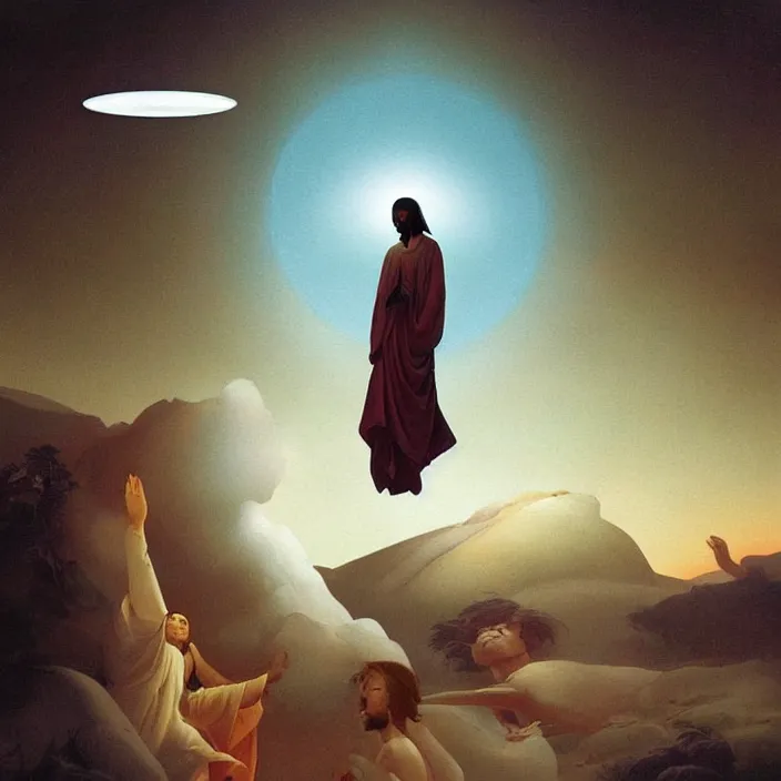 Prompt: a UFO, hovering over an African Jesus, painting by Hsiao-Ron Cheng,