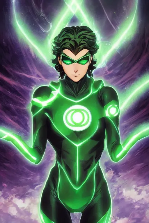 Image similar to anime key visual of a beautiful young female green lantern!! intricate, green and black suit, glowing, powers, dc comics, cinematic, stunning, highly detailed, digital painting, artstation, smooth, hard focus, illustration, art by artgerm and greg rutkowski and alphonse mucha