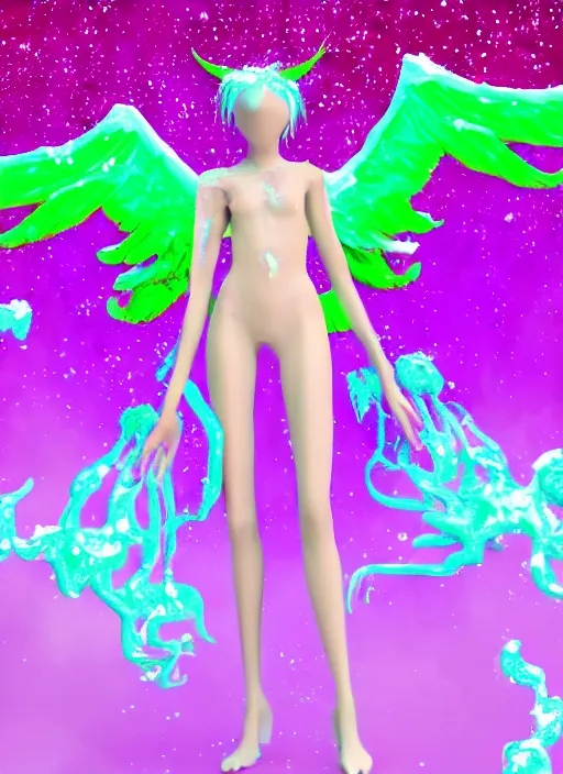 Image similar to a suited angel spirit being, covered with pastel glitter glue slime, fashion model pose, full body maximalist cosmic eldritch character design, early computer graphics