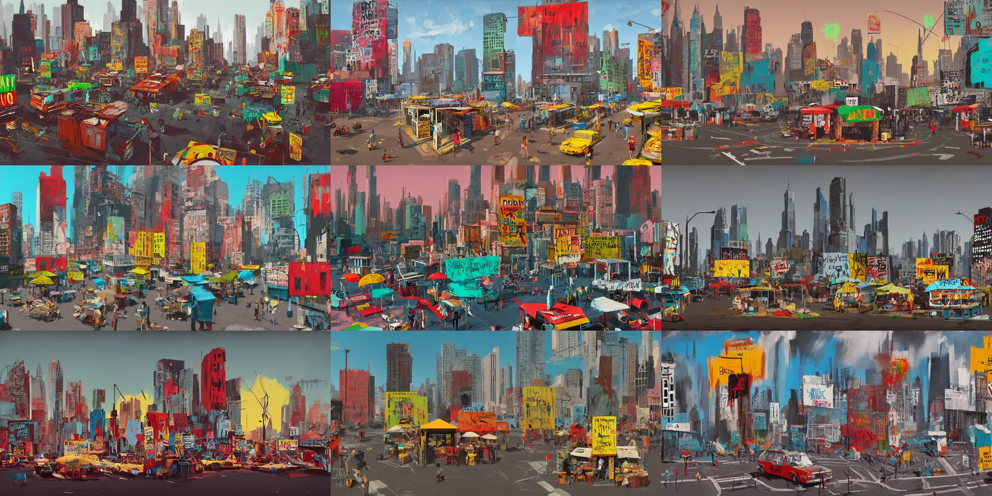 Prompt: cityscape in style of basquiat, 3 d, photorealistic, expressionist, artstation, 8 k, concept art, food stall, market, hard surface, simon stalenhag, street