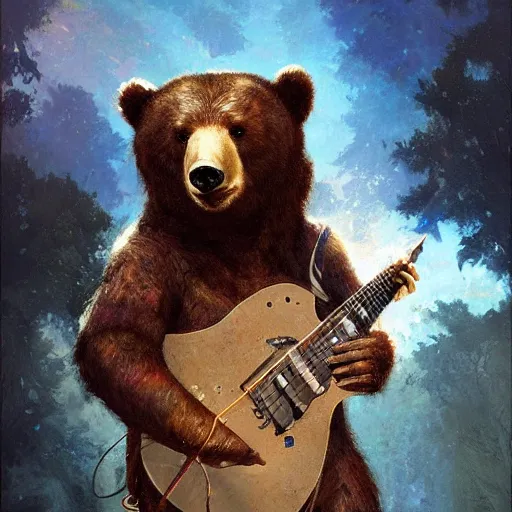 Image similar to realistic bear playing futuristic prismatic angular guitar, fantasy character portrait by Greg Rutkowski, Craig Mullins, Gaston Bussiere