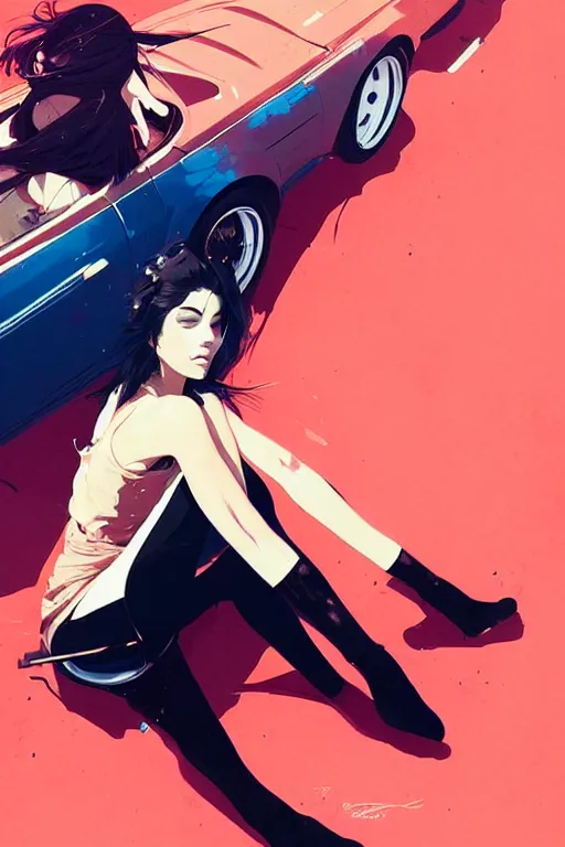 Image similar to a ultradetailed beautiful portrait panting of a stylish woman sitting on a car, by conrad roset, greg rutkowski and makoto shinkai, trending on artstation