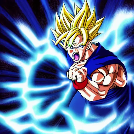 Image similar to vegetto from dragon ball throwing a kamehameha against donal trump, drawn in adward winning anime style