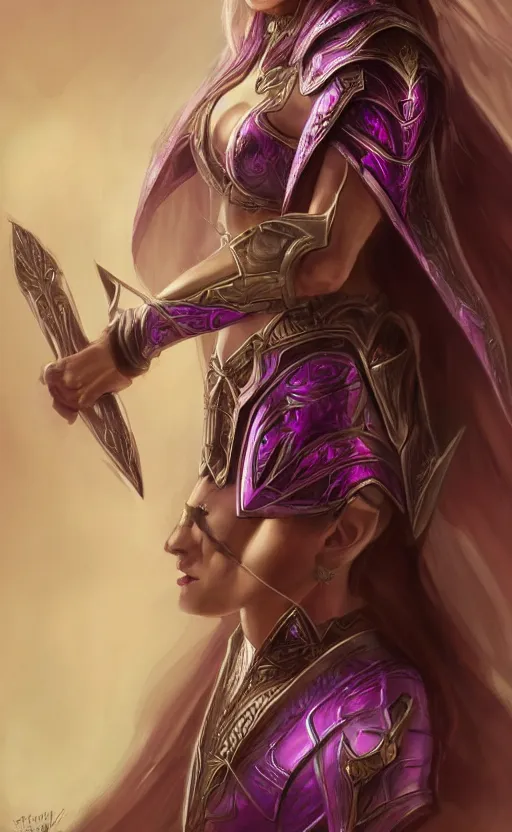 Image similar to a full body portrait of an elven woman with pink skin, and armor fit for a queen, wearing purple headphones, and smiling, dynamic lighting, photorealistic fantasy concept art, trending on art station, stunning visuals, creative, cinematic, ultra detailed