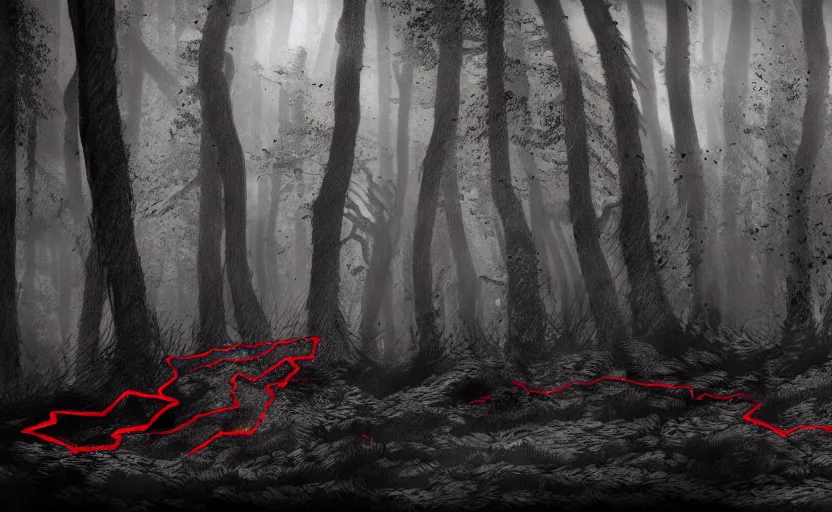 Prompt: fell by fiend in dark forest, black and white paper with detailed red lines, matte painting, concept