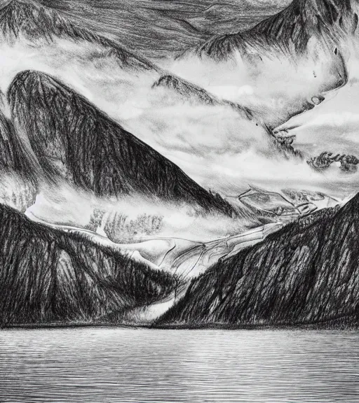 Prompt: a drawing of lago di sorapis, in the style of den yakovlev, black and white, hyper realistic, highly detailed