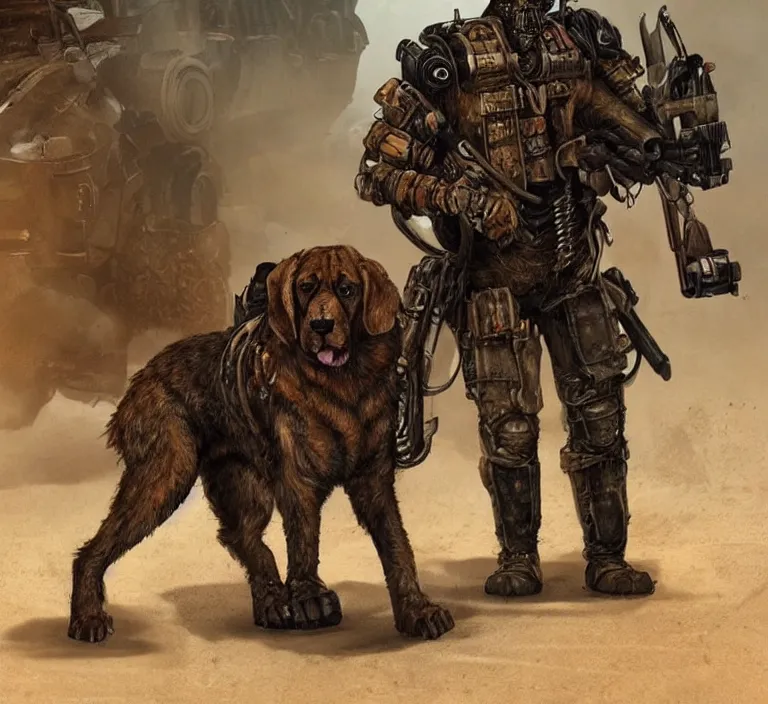 Image similar to a good ol'bloodhound dog fursona ( from the furry fandom ), heavily armed and armored facing down armageddon in a dark and gritty version from the makers of mad max : fury road. witness me.