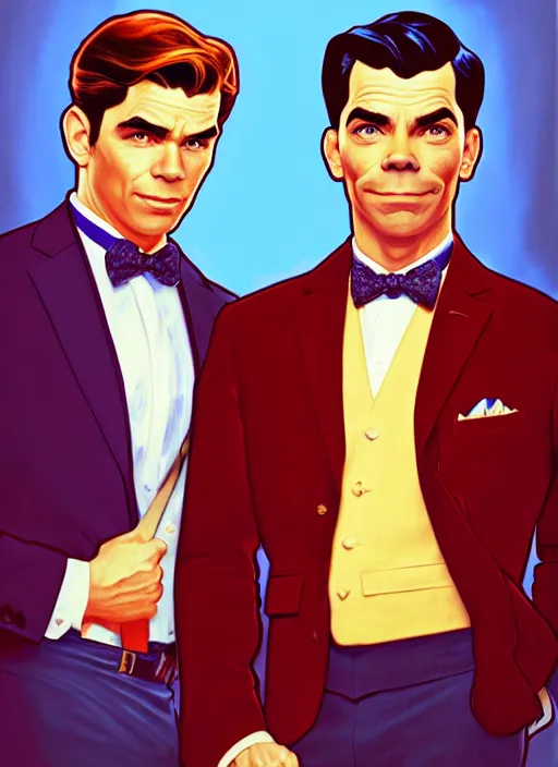 Prompt: oil portrait of archie andrews and hiram lodge, intricate, elegant, highly detailed, lighting, painting, artstation, smooth, illustration, art by greg rutowski and alphonse mucha