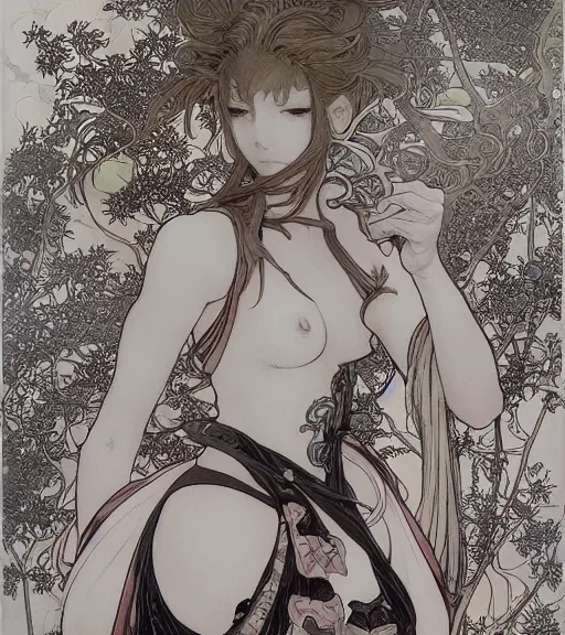 Prompt: yoshitaka amano painting of an anime woman, intricate line drawings, pen and ink, alphonse mucha, claire wendling, kentaro miura