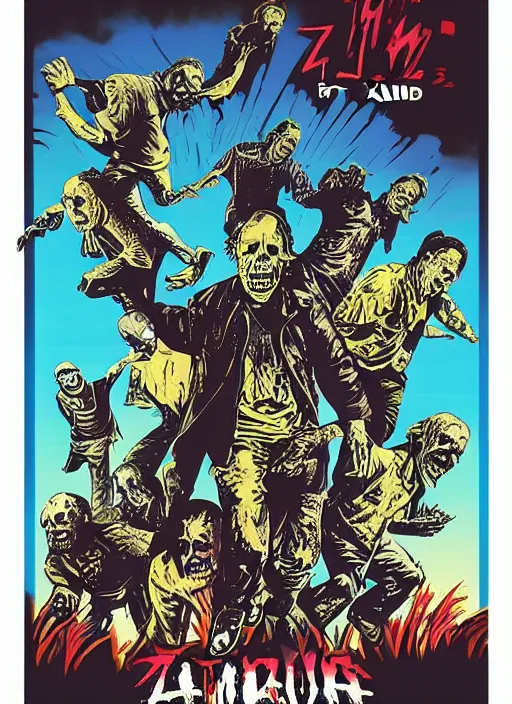 Prompt: a poster of a group of zombies on a surfboard, poster art by john carpenter, featured on deviantart, toyism, movie poster, concert poster, poster art