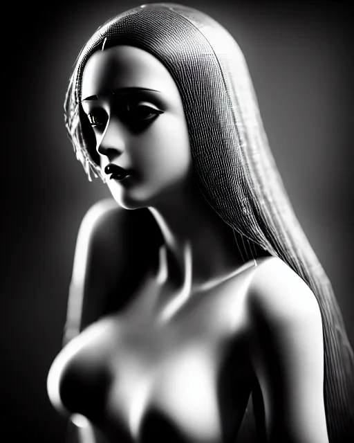 Image similar to black and white dreamy young beautiful female artificial intelligence, metropolis, cinematic, rim light, bokeh, photo - realistic, elegant, high detail, 8 k, masterpiece, photo taken in 1 9 3 0