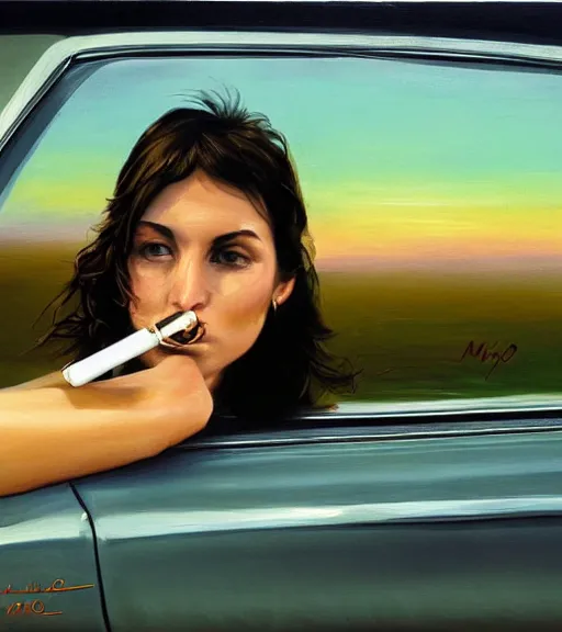 Image similar to high quality high detail painting by alberto mielgo and jaime jones, woman smoking in a car, hd