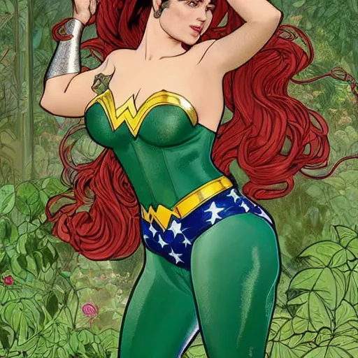 Prompt: a stunning vector portrait of a thicc and voluptuous wonder woman dressed as a beautiful poison ivy with hair tied in a braid walking through a flowering garden, greenhouse in the background, intricate, elegant, highly detailed, digital painting, artstation, concept art, ultra sharp focus, illustration, art by and greg rutkowski and alphonse mucha