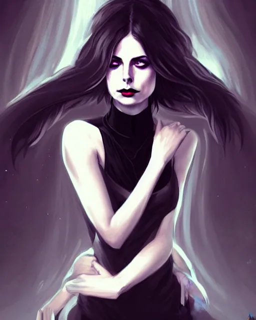 Image similar to style of charlie bowater : : gorgeous willa holland : : evil witch, swirling black magic, black dress : : symmetrical face, symmetrical eyes : : full body pose : : gorgeous black hair : : magic lighting, low spacial lighting : :