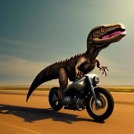 Image similar to a velociraptor driving a motorbike, photorealistic 3 d octane render, unreal engine