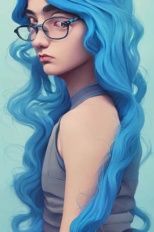 Image similar to portrait painting of a teenage girl with swept back wild blue hair, fashionable, windy, art deco, solid background color, sharp focus, award - winning, cinematic pose, cinematic lighting, trending on artstation, masterpiece, highly detailed, intricate. art by josan gonzales and moebius and deathburger