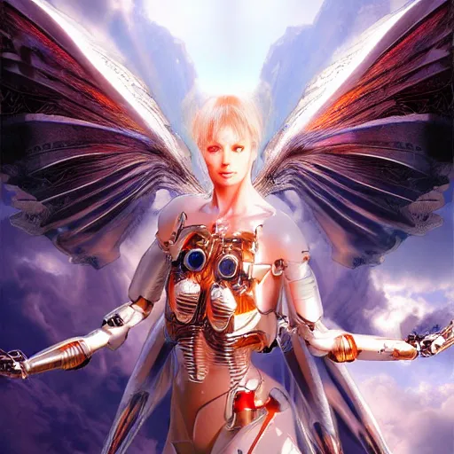 Prompt: UHD photorealistic studio portrait of a cyborg Angel with hyperrealistic Angel wings, futuristic robot angel, extremely detailed, 8k, cinematic lighting, in the style of Amano and Ayami Kojima and Karol Bak, art by Mark Brooks with vivid colors and crisp details