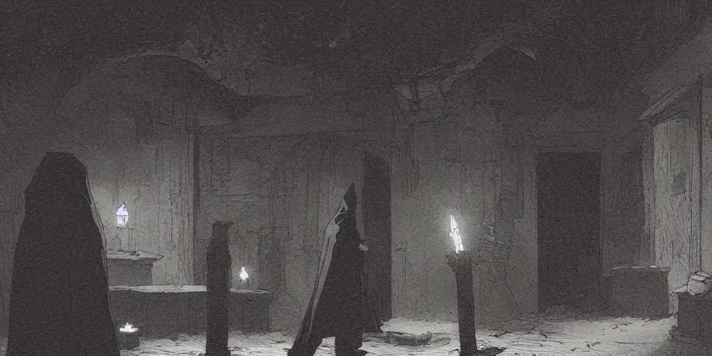 Image similar to a hooded figure carrying a torch approaches an abandoned tavern on a moonlit night, Mike Mignola and Greg Rutkowski