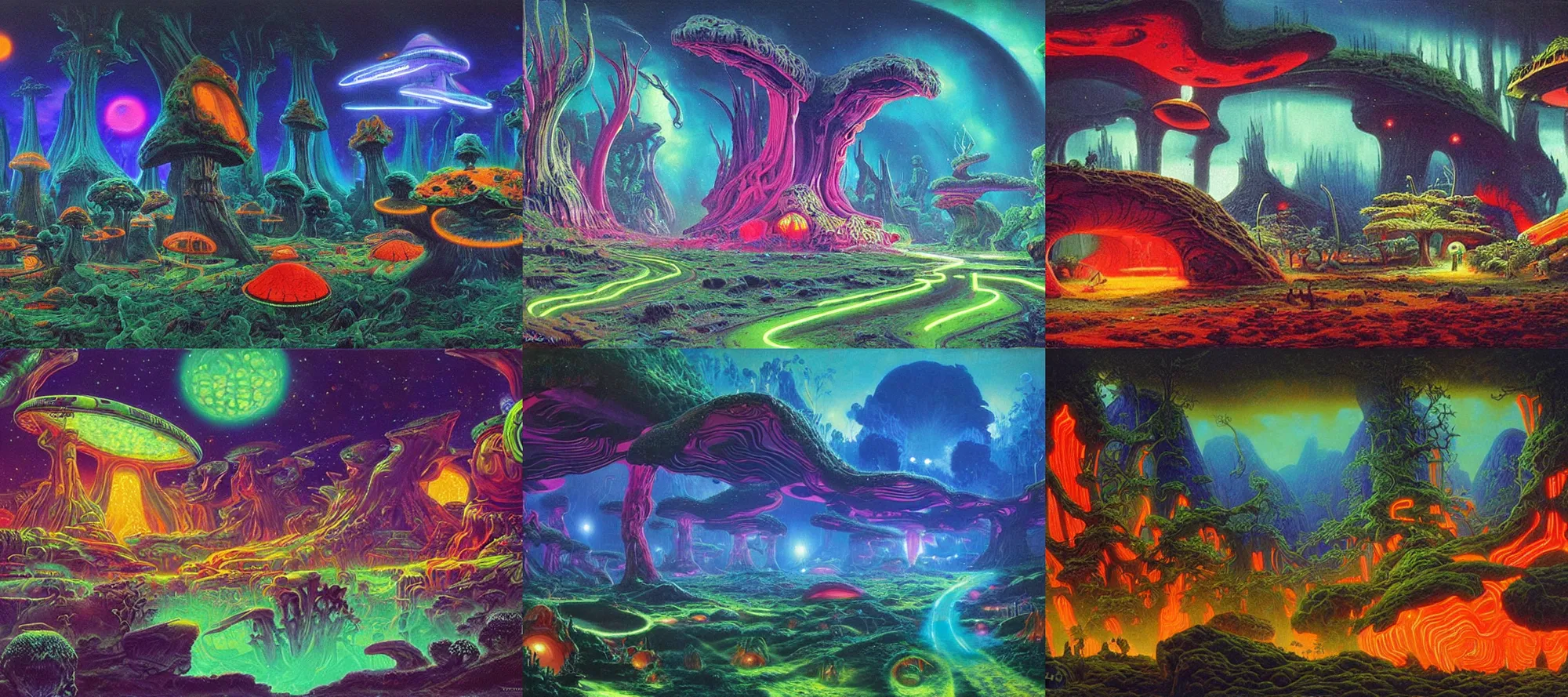 Prompt: felucia landscape, neon jungle, giant fluorescent fungi, psychedelic, starships, painting by brothers hildebrandt