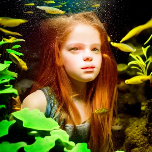 Prompt: girl head in a aquarium, lights caustic, tropical fish, surreal photography