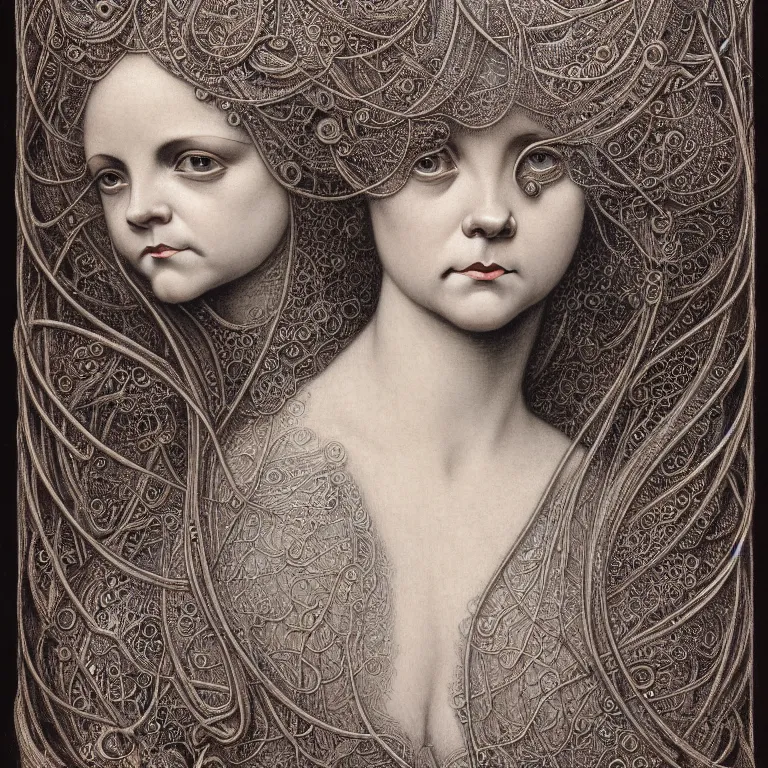Prompt: detailed face portrait of christina ricci by jean delville, gustave dore, iris van herpen and marco mazzoni, art forms of nature by ernst haeckel, art nouveau, symbolist, visionary, gothic, neo - gothic, pre - raphaelite, fractal lace, intricate alien botanicals, ai biodiversity, surreality, hyperdetailed ultrasharp octane render