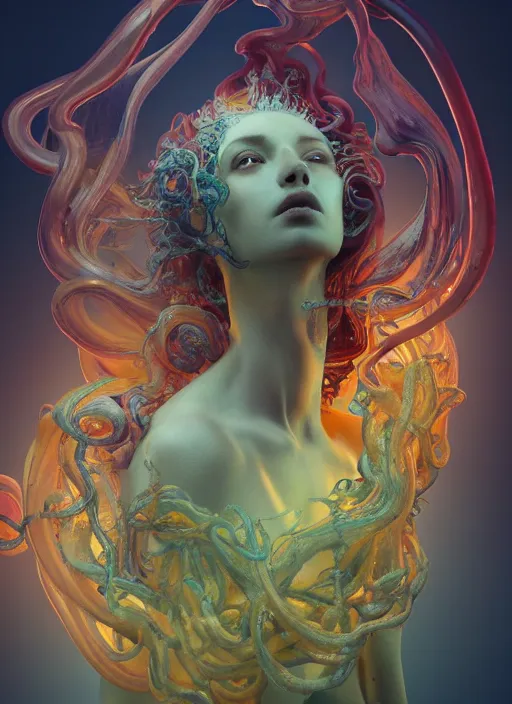 Image similar to subsurface scattering, medusa made of soft wax, cgsociety, translucent, organic squid and ceramic art nouveau swirls, golden orbs, colored smoke, in the style of alberto seveso and ruan jia and beeple and giger, mystical colors, back light, rim light, dramatic lighting, 8 k, stunning scene, raytracing, octane render