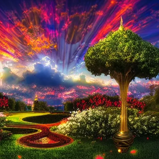 Image similar to Amazing View of fantasy Beautiful Sky Scenery with ornate gold and silver iridescent castles of light Highly detailed Vines Trees Gardens flowers in bloom clouds sunset holographic metallic angelic prismatic reflections Depth of field HDR