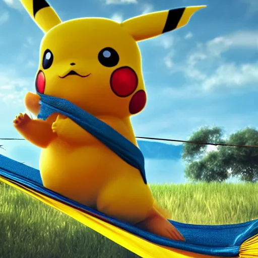 Image similar to pikachu in a hammock, cinematic, cinematic lighting, trending on Artstation, Cgsociety, detailed, 4k, very realistic