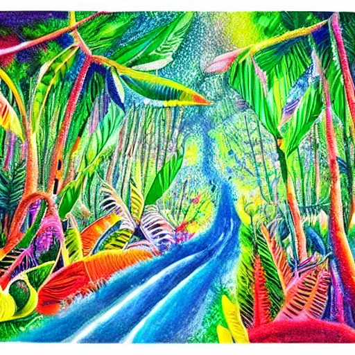 Prompt: bright tropical forest, sparkling spirits, detailed wide shot, crayon, ground detailed, wet eyes reflecting into eyes reflecting into infinity, beautiful lighting