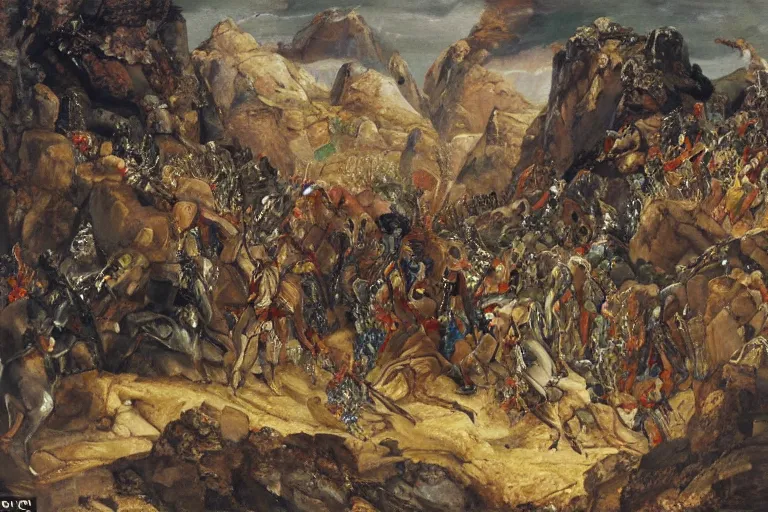 Image similar to a beautiful painting of a rocky landscape covered with bodies of medieval soldiers in shiny armors, dawn, by Georgia o keeffe, by Gustave Moreau