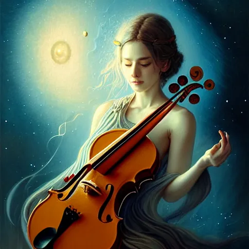 Prompt: a high quality life like portrait of a very very beautiful! celestial goddess of life playing a mystical violin and springing life into the universe, highly detailed, intricate, sharp focus, fantasy, mystical, dreamlike, by WLOP and greg rutkowski