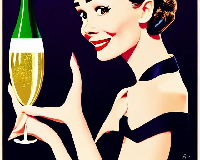 Image similar to teenage audrey hepburn in art deco style, champagne commercial, artstation, illustration, bright, cheerful, detailed and intricate environment