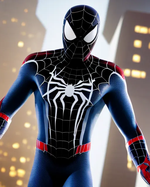 Image similar to photorealistic, hyperdetailed photograph of black spider - man suit with white webbing by insomniac games