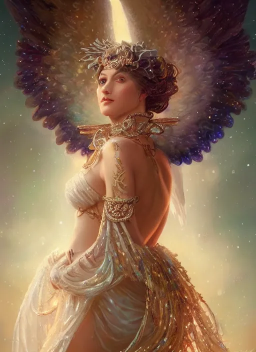 Image similar to A beautiful digital painting of a female angel full of jewels, princess, the moon behind her, intricate, cinematic lighting, highly detailed, digital painting, Artstation, concept art, smooth, sharp focus, illustration, art by Tom Bagshaw, Artgerm and Greg Rutkowski