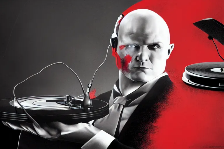 Image similar to an expressive portrait of agent 4 7 from hitman wearing headphones and putting a vinyl record onto a turntable, dark background, red rim light, digita, l