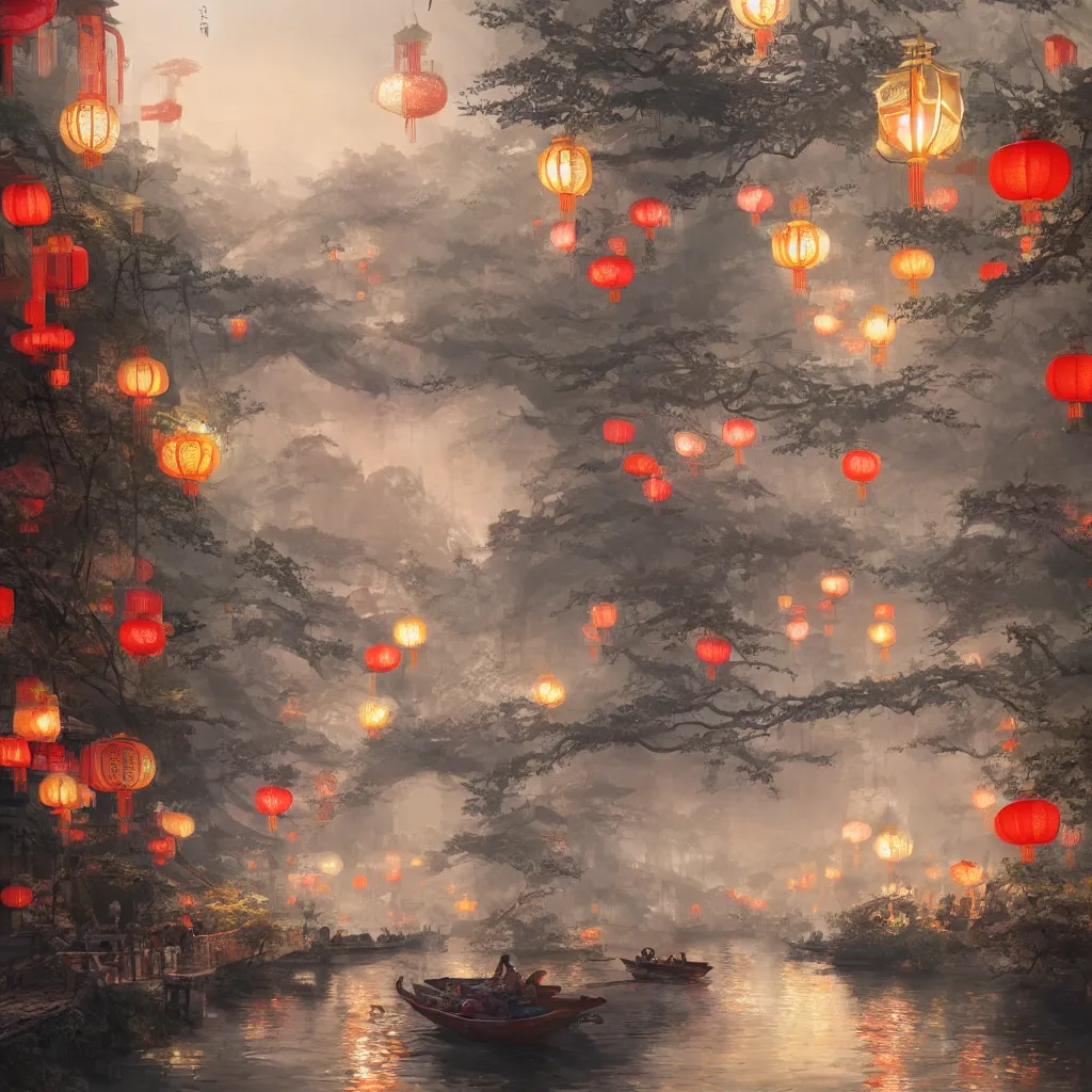 Prompt: grand river lantern festival, chinese watercolor style, trending on artstation, global illumination, radiant light, art by wlop and greg rutkowski, detailed and intricate environment, 8 k