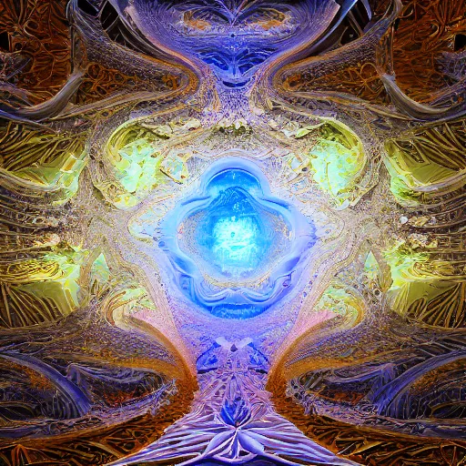 Image similar to a hyperrealistic 3 d painting of a huge sprawling fractal cathedral interior populated by mandelbrot fractals by android jones, unreal engine, carved stone, carved soap, white color scheme, volumetric lighting, octane render, dramatic lighting, glowing, carved marble, opalescent, sacred geometry, religious, angelic, catholicpunk, stark, 8 k, ultra detailed