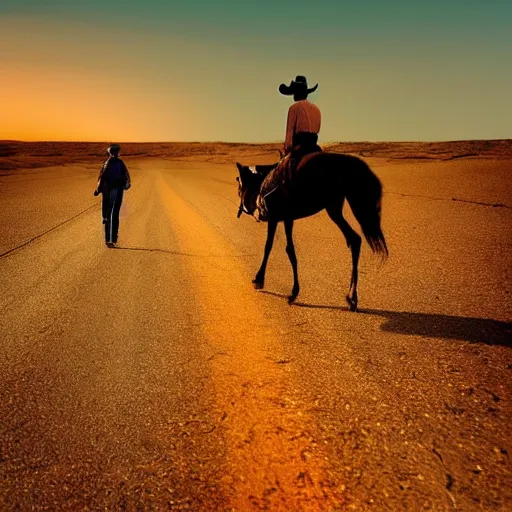 Image similar to lone cowboy walking his horse down a road into the sunset, desert, real photo, photo realism, sad