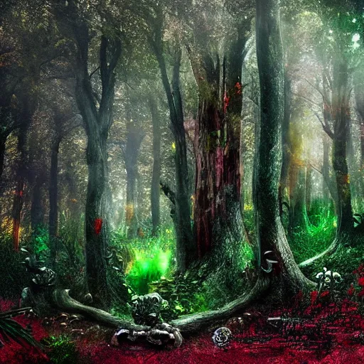 Image similar to fantasy forest, lush, epic fantasy, dark cyan accents, dark red accents