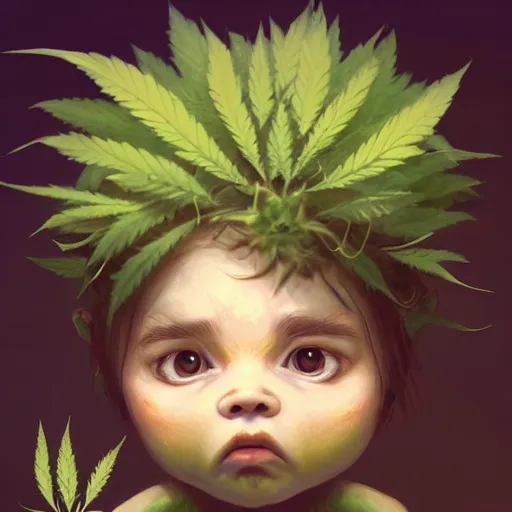 Image similar to a cute little baby made of hemp, with a head in the form of a cannabis bloom, like baby grut, green skin, character, art by james jean and greg rutkowski!!, realistic face, digital art, chibi style, golden ratio, perfect composition, trending on artstation, 8 k