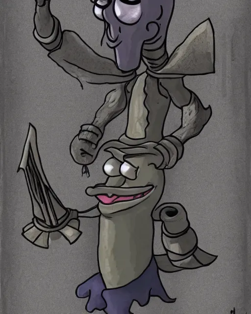 Image similar to squidward as a dark souls boss