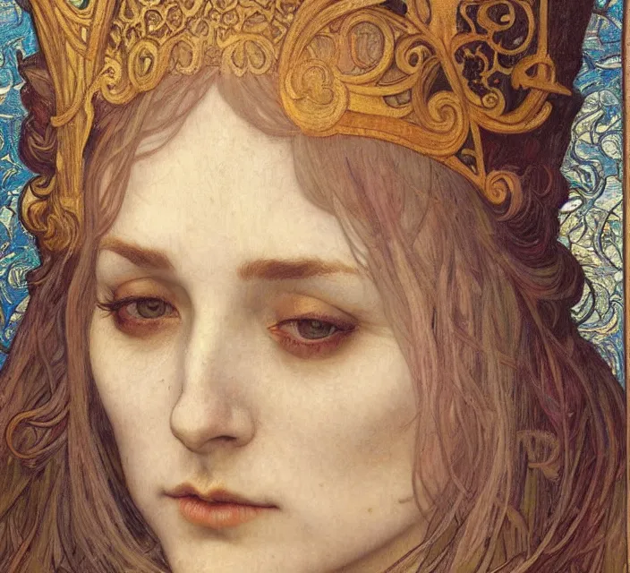Image similar to detailed realistic beautiful young medieval queen face portrait by jean delville, alphonse mucha, vincent van gogh, and marco mazzoni, art nouveau, symbolist, visionary, gothic, pre - raphaelite